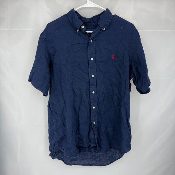 Ralph Lauren Men L Linen Button Down Shirt Short Sleeve Navy Blue Breathable Top - Picture 1 of 7